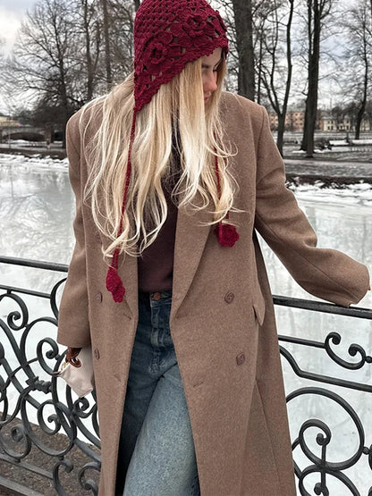 Elegant Solid Double Breasted Long Coat Women Chic Casual Loose Lapel Pad Shoulder Tweed Coats Lady Winter Retro Street Outwear