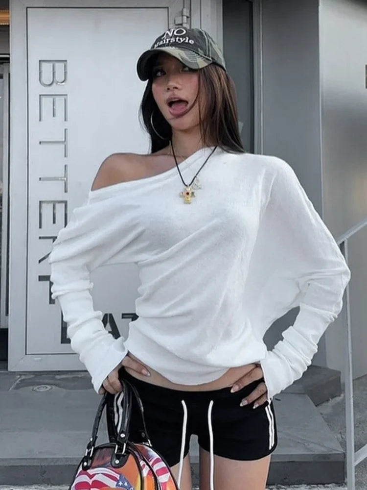 Collar Oversized T Shirt For Women Streetwear Long Sleeve Y2k Tops Solid Color Camisetas Casual Feminist Clothes Tshirt