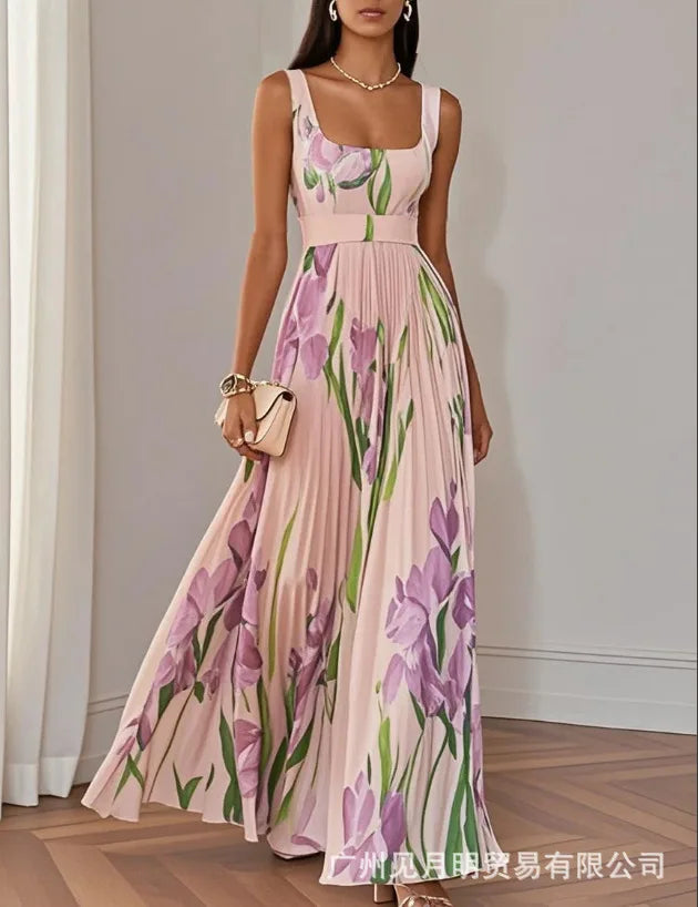 Elegant Print Belt Long Holiday Dress Women Square Collar Sleeveless Backless Pleated Party Dresses 2025 Summer Lady Floral Robe