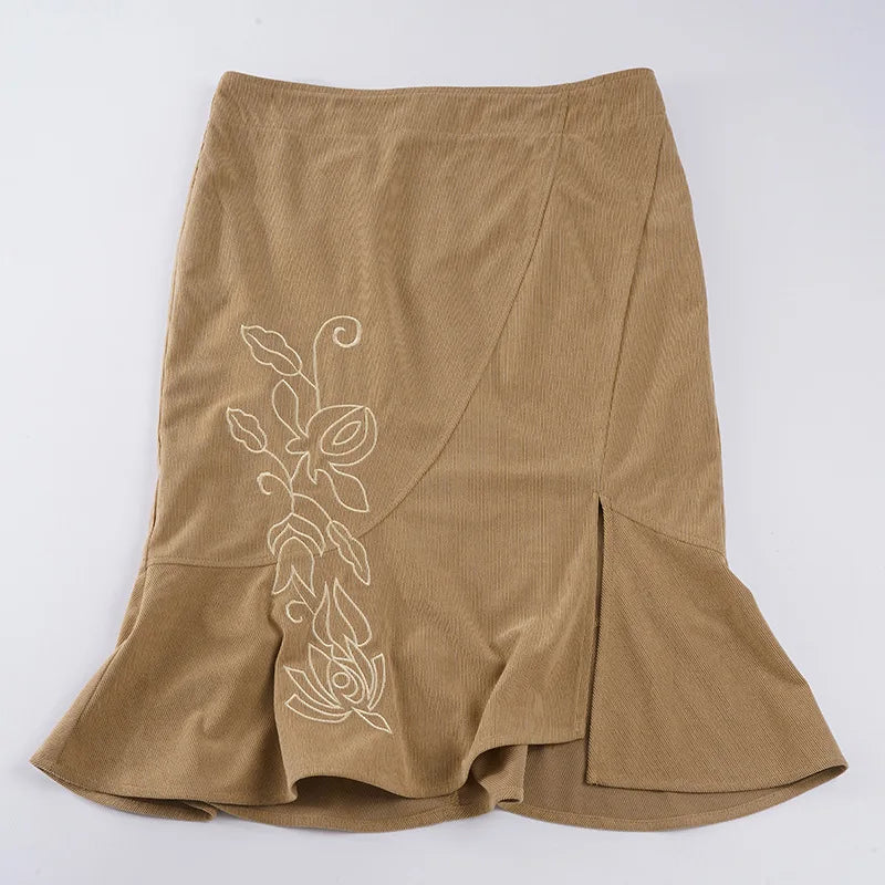 Women's Vintage Midi Skirt 2026 Summer High Waist Slim Ruffle Fishtail Skirts Party Side Slit Elegant Embroidery Skirt