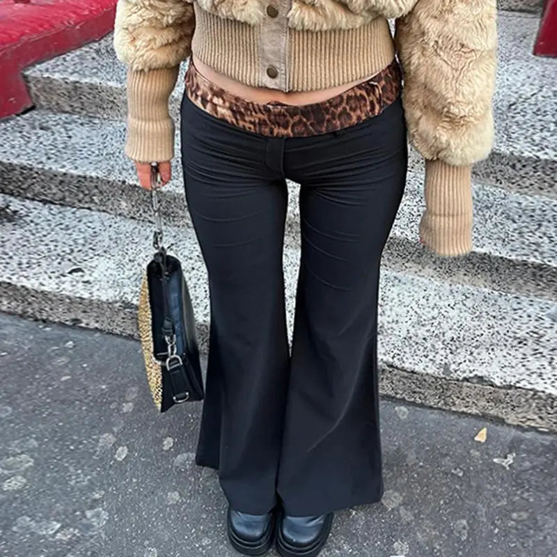 Leopard Print Patchwork Low Waist Flared Pants For Women To Slim Down Fashionable 2024 Spring Casual Solid Color Trousers