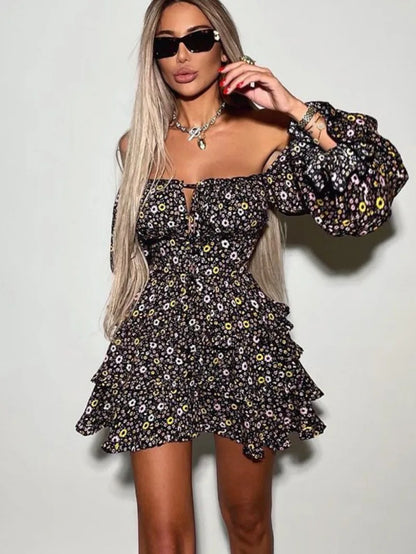Slash Neck Long Sleeve Floral Print Ball Gown High Street Women Off Shoulder High Waist Ruffles A-line Short Party Dresses