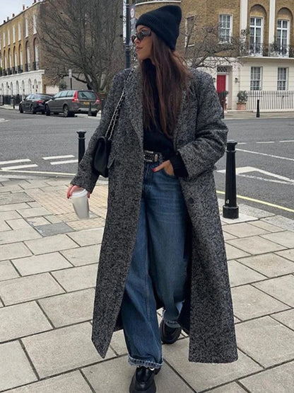 Women Herringbone Wool Tweed Overcoat Fashion Long-Sleeved Turn-down Collar Coat Double Breasted High Street Outerwears