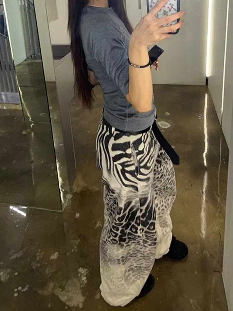Design Sense Leopard Print Gradient Print Jeans for Children Retro Loose Straight Leg Floor Length Pants