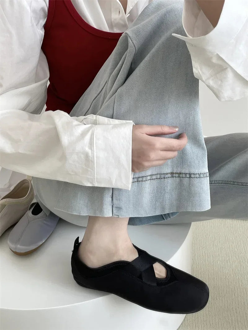 New Women's Ballet Slippers Pink Soft Sole Shallow Heel Round Head Fiberglass Fabric Retro Style Low Heel