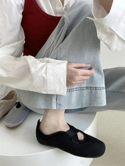 New Women's Ballet Slippers Pink Soft Sole Shallow Heel Round Head Fiberglass Fabric Retro Style Low Heel