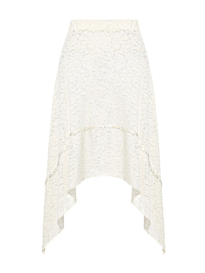 Women's See Through Lace Floral Handkerchief Hem Asymmetric Knee Length Beach Cover Up Skirt