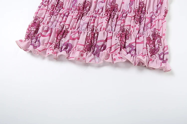 See Through Print Folds 2-Piece Set Women Backless Sleeveless Suspenders+Elasticated Waist Skirts Holiday Matching Suit