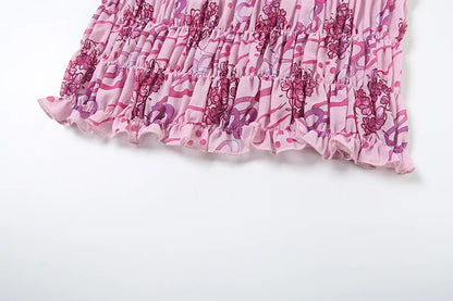 See Through Print Folds 2-Piece Set Women Backless Sleeveless Suspenders+Elasticated Waist Skirts Holiday Matching Suit