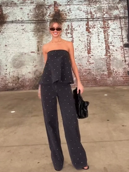 Nail Polka Dot Strapless Top Pants Women Set Off Shoulder Baggy Slimming Commute Blouse Vest Straight Leg Trousers Formal Attire