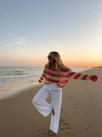 New Summer Women's Casual Versatile Knitted Colored Stripe Long sleeved Round Neck Loose Knitted Top