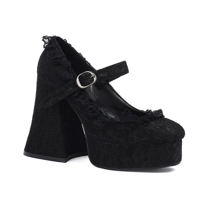 Lace Printed Fabric Platform Ultra-High Conical Heel Shallow Fashion High Heels Buckle Floral Fabric Elegant And Sexy Pumps