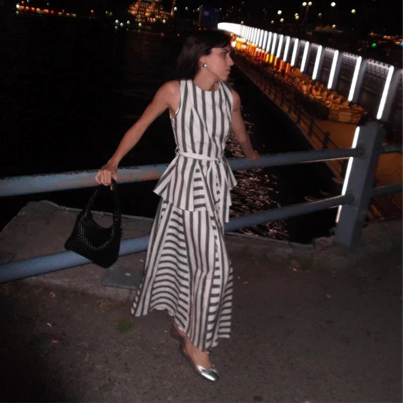 Casual Striped Vest Skirt Suits Women O-neck Sleeveless Bow Tops Pleated Long Skirts 2025 Summer Chic Office Lady Sets New