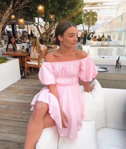 Elegant Sexy Square Collar Mini Dress Women Vintage Puff Short Sleeve Elastic Waist Summer Dresses Female Boho Vestidos