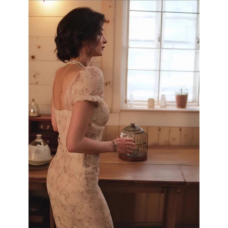 Vintage Midi Dress Women Elegant Party Prom Lace Square Collar Dresses Summer Korean Puff Short Sleeve Bodycon Design Vestidos