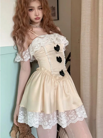 Y2K Lace Patchwork Princess Birthday Party Dress Ruffles A-line Spaghetti Strap Short Dresses for Women One Piece Prom Vestido