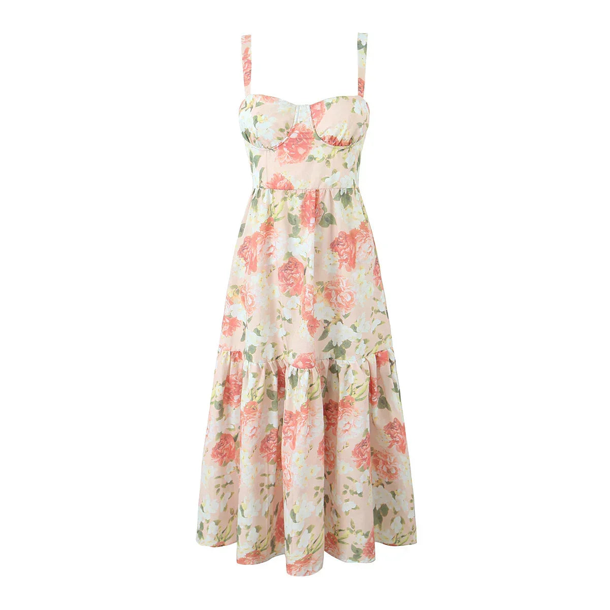Sweetheart Bustier Wide Strap Floral Drop Waist Ruffle Midi Dress