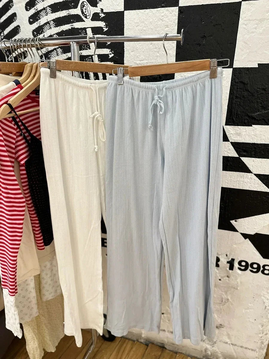Vintage Eyelet Drawstring Straight Long Pants Women Autumn High Waist Cotton Solid Trousers Simple Sweet Home Pajama Pants Y2K