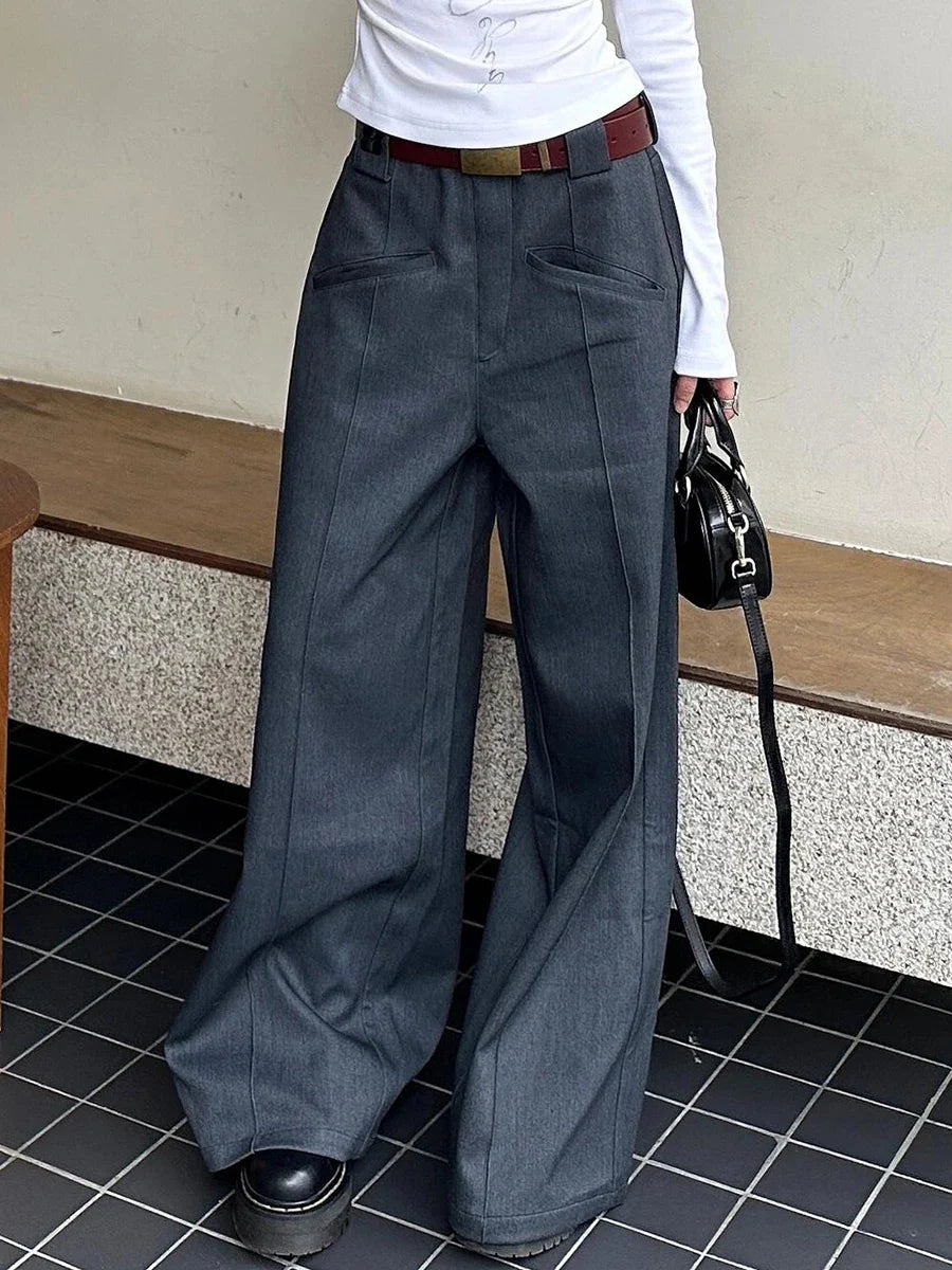 Retro Gray Solid Suit Pants Women Big Size Pleated Front High Waist Straight Wide Leg Trousers Cleanfit Work Casual Clothes