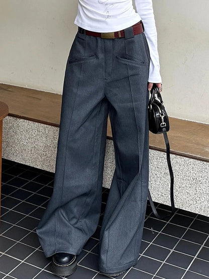 Retro Gray Solid Suit Pants Women Big Size Pleated Front High Waist Straight Wide Leg Trousers Cleanfit Work Casual Clothes