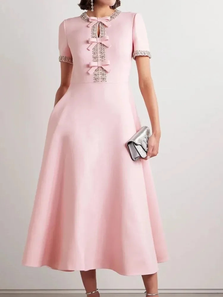 Round Neck Crystal Trim Bow Detail Short Sleeve Fit and Flare Midi Dress