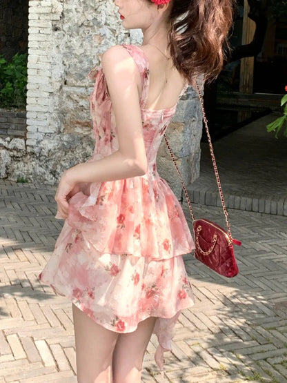 Summer French Elegant Floral Dress Women Casual sweet Retro Slim Mini Dress Korean Fashion Vintage Y2k 2000s Strap Dress