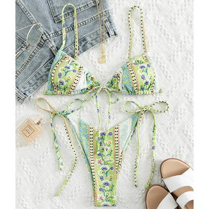 New Floral Print String Bandage Bikinis Triangle Cup Push Up Swimsuit Women Bathing Suit Beachwear Halter Swimwear XS