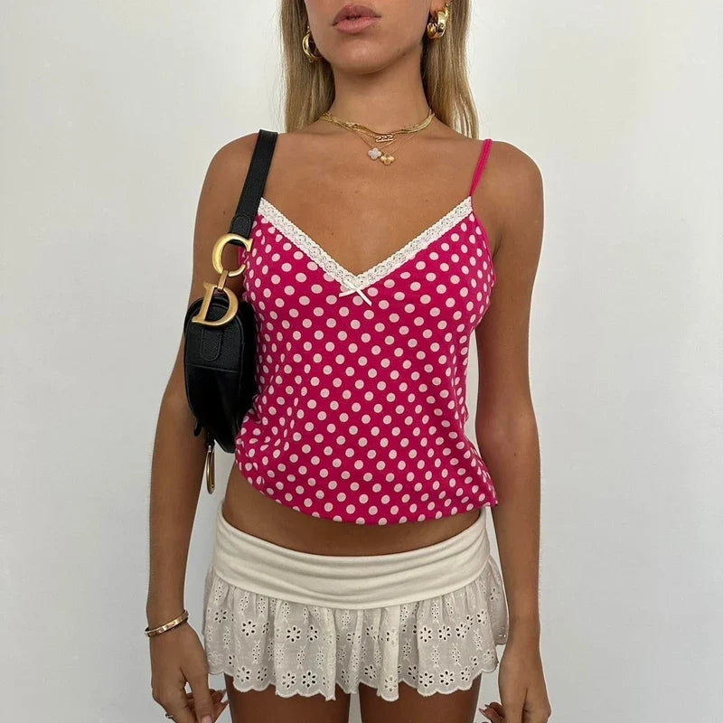 Vintage Polka Dot Lace Trim V Neck Cami Top