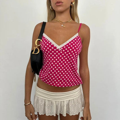 Vintage Polka Dot Lace Trim V Neck Cami Top