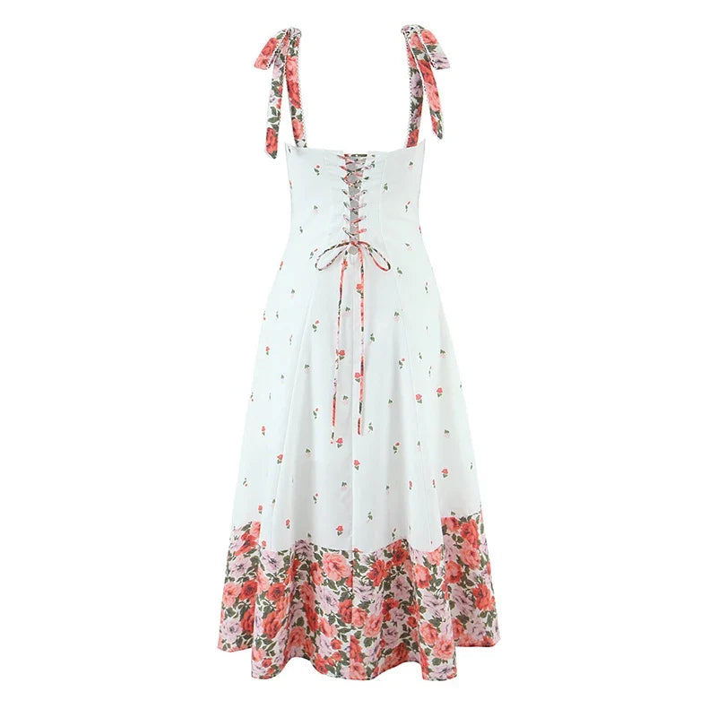 Flower Print Patchwork White Sling Elegant Dress Women Lace Up Bandage Back A-line Summer Dresses Chic Lady Holiday Robe 2025