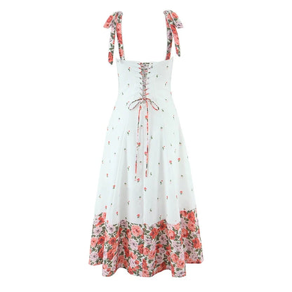 Flower Print Patchwork White Sling Elegant Dress Women Lace Up Bandage Back A-line Summer Dresses Chic Lady Holiday Robe 2025