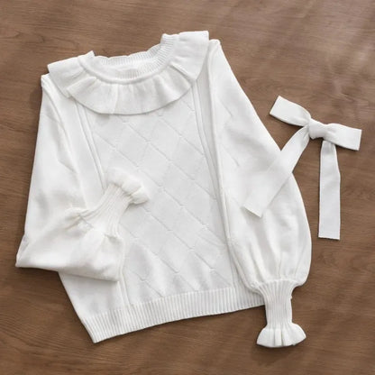 Autumn Winter Sweet Puff Long Sleeves Solid kawaii Knitted Pullover Women Lolita Ruffles Bow Sweater Women Knitwear Jumpers Tops