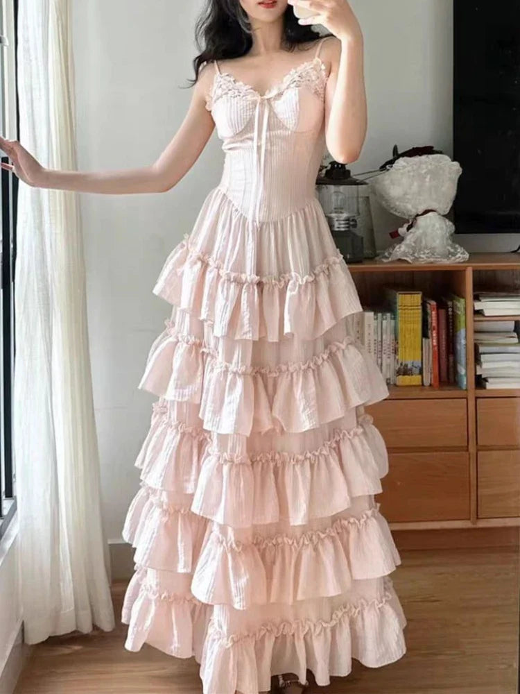 New French V-Neck Elegant Women Dress Sweet Lace Patchwork Strap Slim Waist Long Dress Casual Female Chic Holiday Outfits Summer