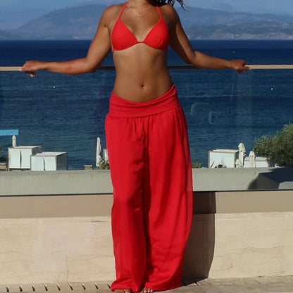 Womens Wide Leg Long Pants Elastic High Rise Fold Over Waist Trousers Loose Fit Casual Palazzo Pants Street Beachwear