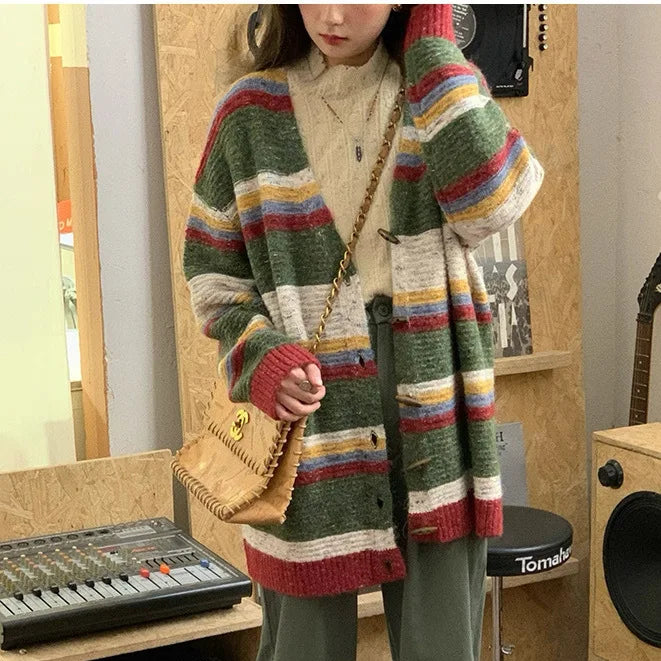 Striped Sweater Jacket Autumn New Style Loose Slimming Contrasting Long Sleeved Knitted Sweater