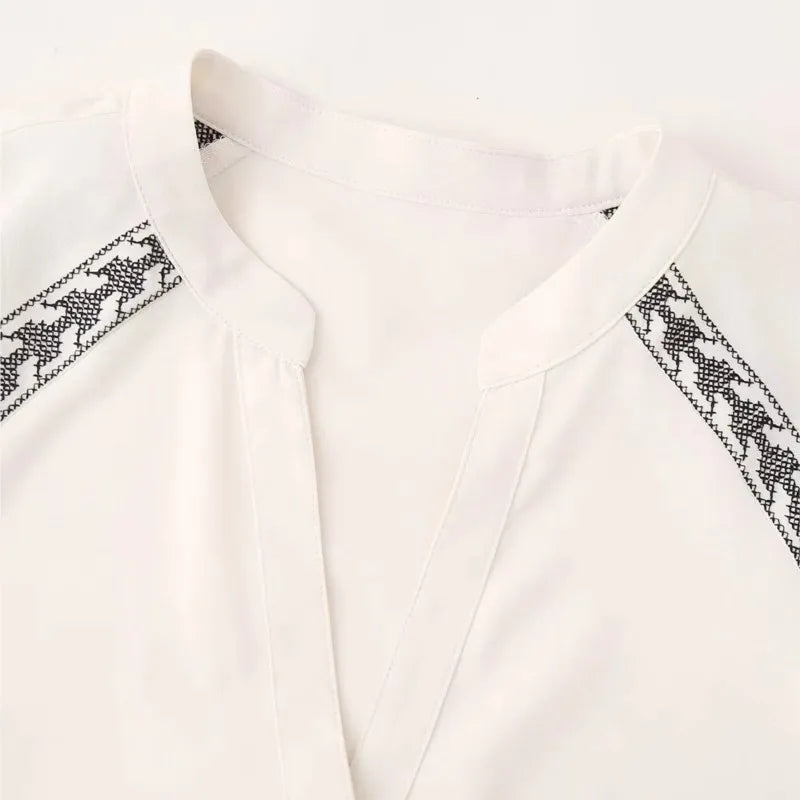 Women's Solid Embroidered Blouse 2024 Summer New V-neck Single Breasted Long Sleeve Blouses Female Elegant Casual Shirts Tops