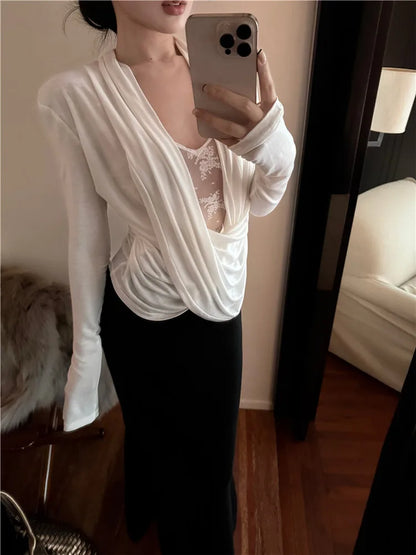 Hot Girl Sexy Mesh Lace See Through Long Sleeved T-shirt for Women 2025 Spring White Base Shirt Slim Fit Temperament Inner Top