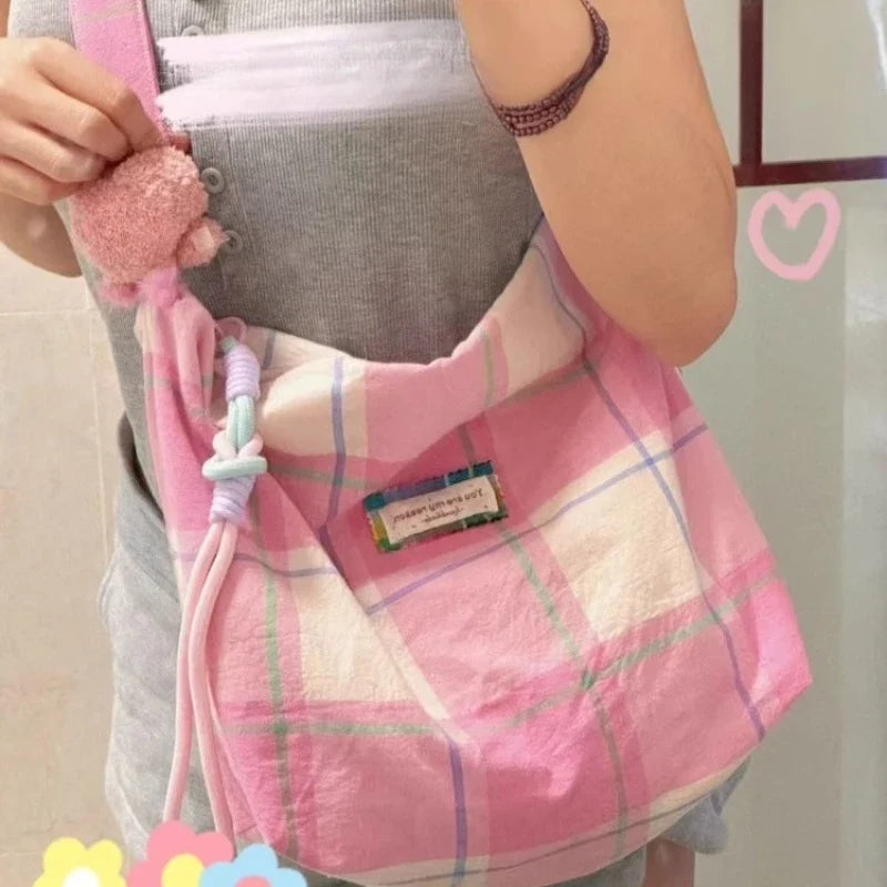 Trendy Women Y2k Aesthetic Plaid Canvas Bags Streetwear Fashion Casual Shoulder Bag Korean Vintage All Match Handbags Crossbody