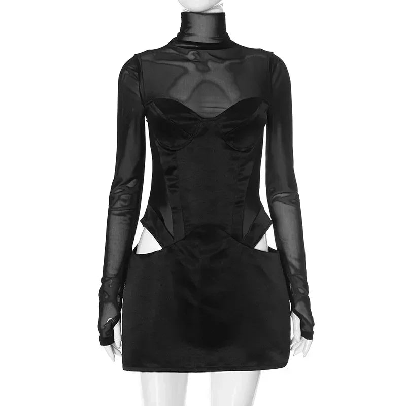 Sexy Cut Out Black Sheer Mesh Turtleneck Women Club Dresses 2025 Summer Fashion Patchwork Long Sleeve Y2K Dress Bodycon Mini