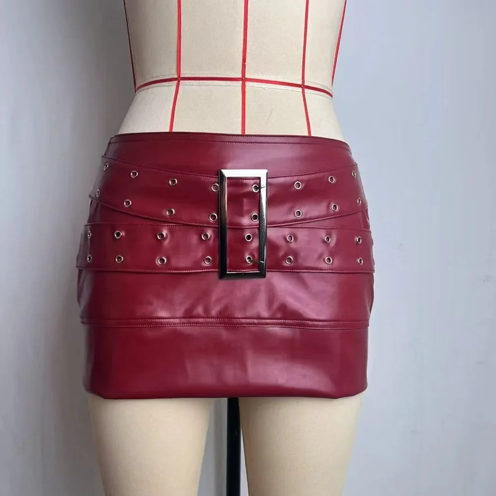 Women's Punk Street Style PU Leather Mini Skirt Solid Color Metal Buckle Belt Detail Low Waist Slim Bodycon Party Clubwear