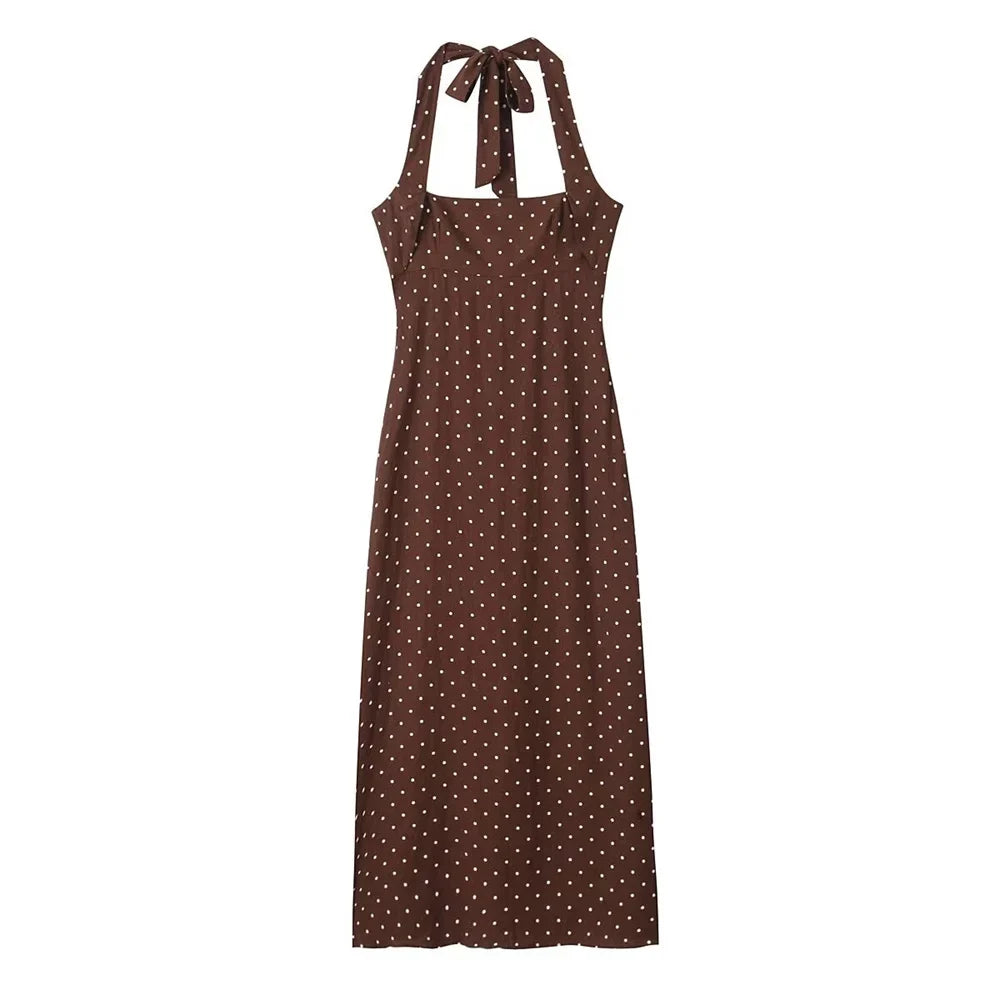 summer new women's fashion elegant temperament backless halter neck polka dot slim long skirt