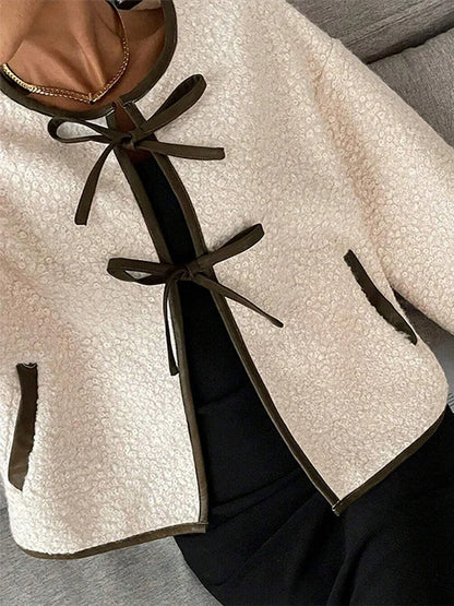 Elegant Women's Lamb Wool Cropped Cardigans Round Neck Lace-Up Long Sleeve Pocket Short Jackets 2024 Autumn New In Outerwears