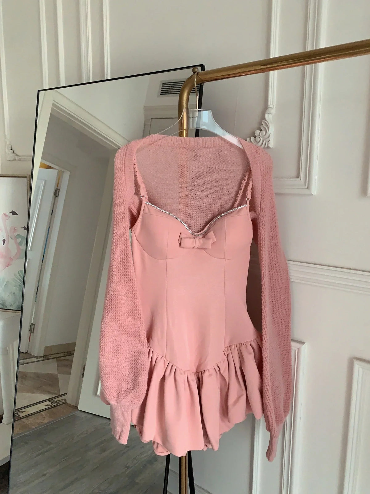 Strap Ballet Fishtail Dress Women Spring Summer New High Quality Bow Luxury Diamond Skirt+Hollow Cardigan Two-piece Set