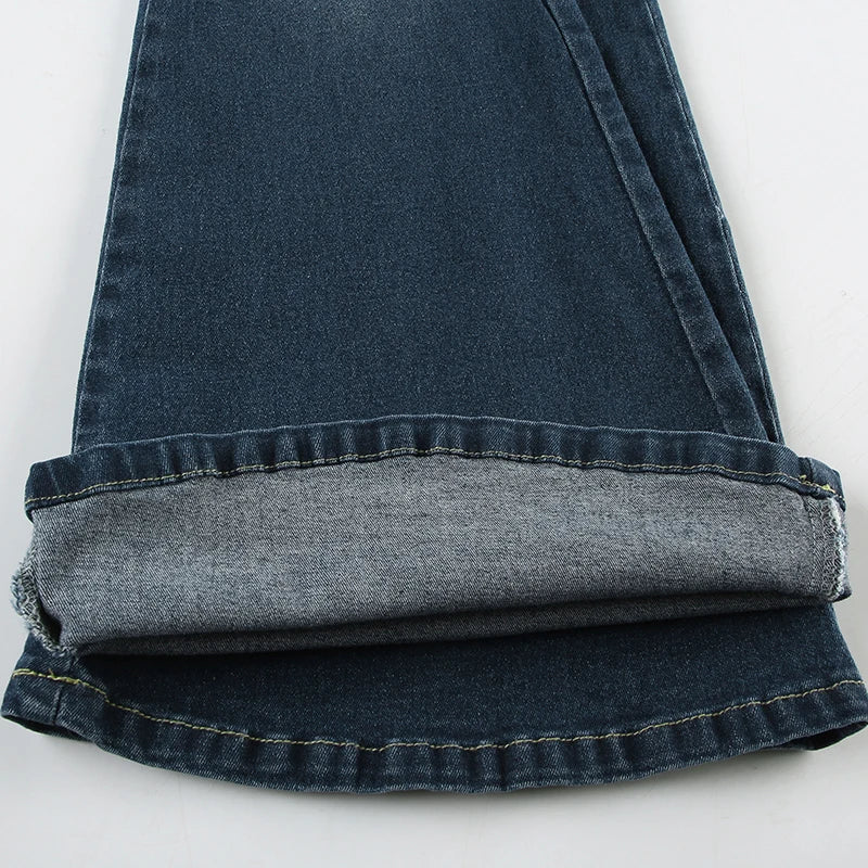 Y2K Rose Embroidered Trumpet Jeans Women Fashion Aesthetic Slim Flare Pants Vintage Blue 2000s Denim Trousers Spring