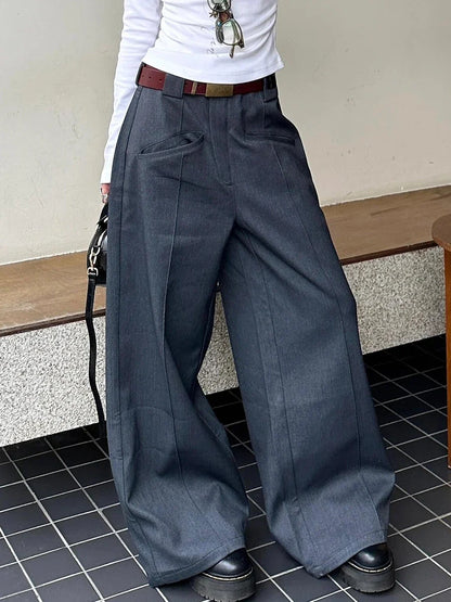 Retro Gray Solid Suit Pants Women Big Size Pleated Front High Waist Straight Wide Leg Trousers Cleanfit Work Casual Clothes