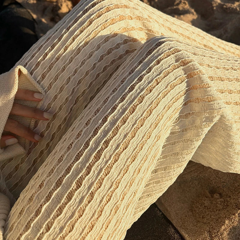 Women Stylish Fabric Texture Beach Knitted Pants Summer Chic Fashion Straight Trousers Holiday Style Minimalist Pants