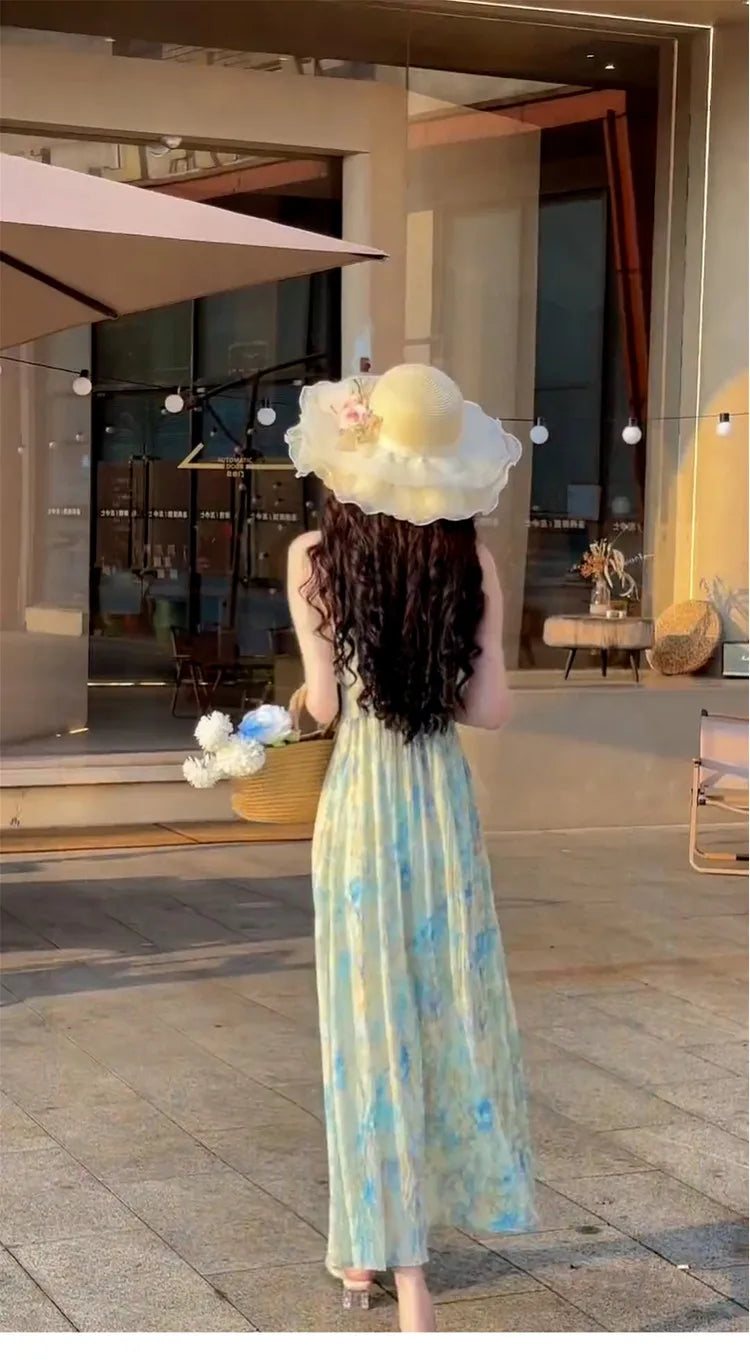 New Pink V-Neck Floral Print Halter Dress Women's Summer Vacation Style Long Dress Tea Break Sweet High Waist A-Line Skirt