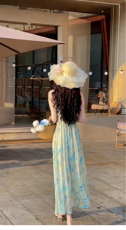 New Pink V-Neck Floral Print Halter Dress Women's Summer Vacation Style Long Dress Tea Break Sweet High Waist A-Line Skirt