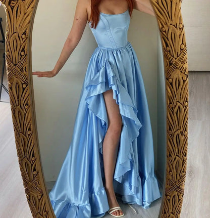 Elegant Royal Blue Ruffled Corset Evening Party Dress Sexy Off-shoulder High-low Birthday Tight Prom Gown with Leg Split