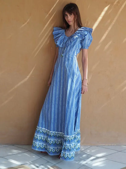 Fashion Stripe Print Ruffled Edge Button Maxi Dress Women V-neck Puff Short Sleeve Big Hem Dresses 2024 Female Party Club Robes